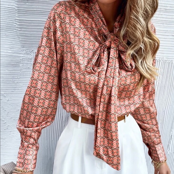 Office Style Neck Tie Blouse - Picture 1 of 7